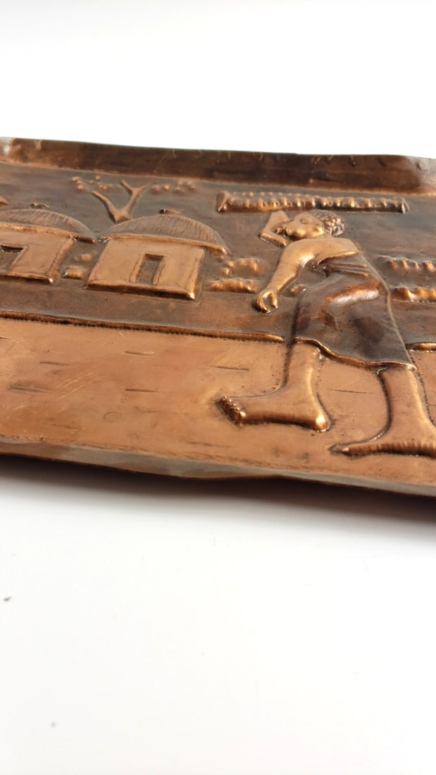 Vintage Copper Embossed Wall Art Tray Rural Village Scene Decor - 4