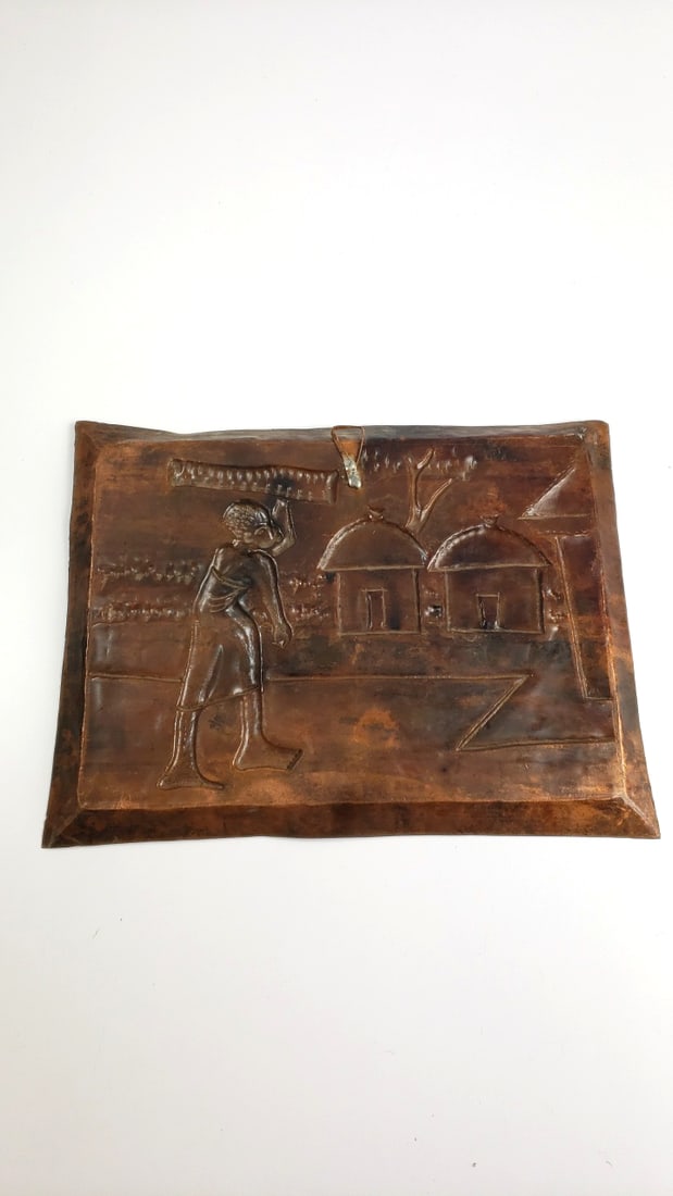 Vintage Copper Embossed Wall Art Tray Rural Village Scene Decor - 5