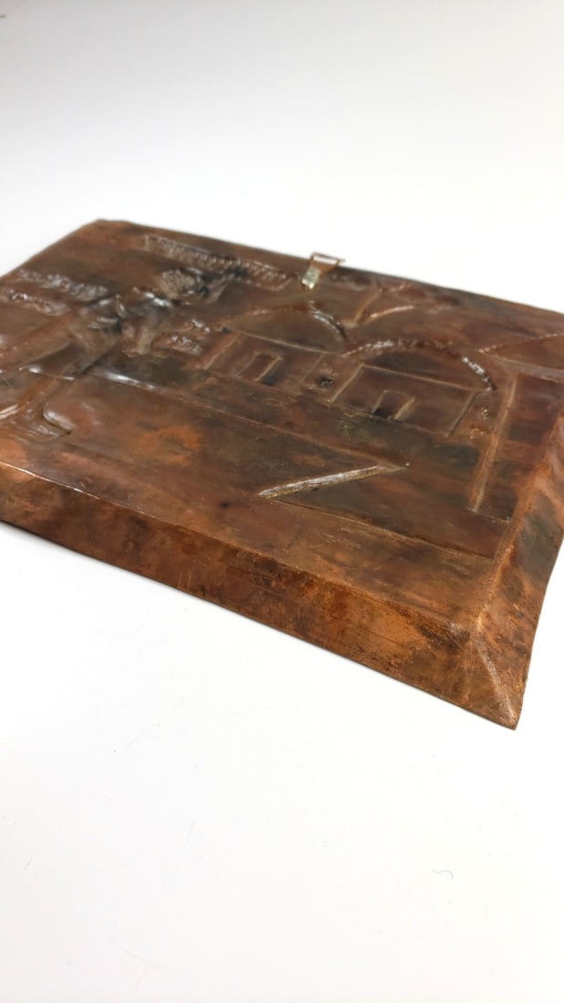 Vintage Copper Embossed Wall Art Tray Rural Village Scene Decor - 7