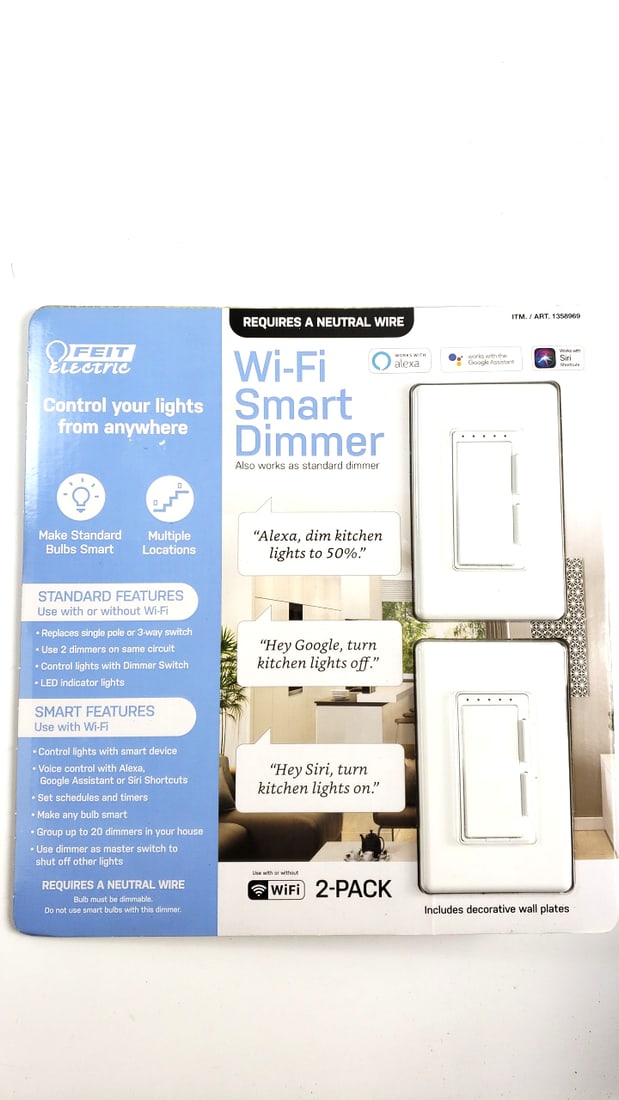 Feit Electric Wi-Fi Smart Dimmer Switch 2-Pack, Alexa/Google/Siri Compatible, White: This is a general auction of estate goods. All items as as pictured. Local pick up will be on 3/14 at our warehouse in Sodo (3429 Airport Way S) from 10am-1pm. Items not picked up will be subjec