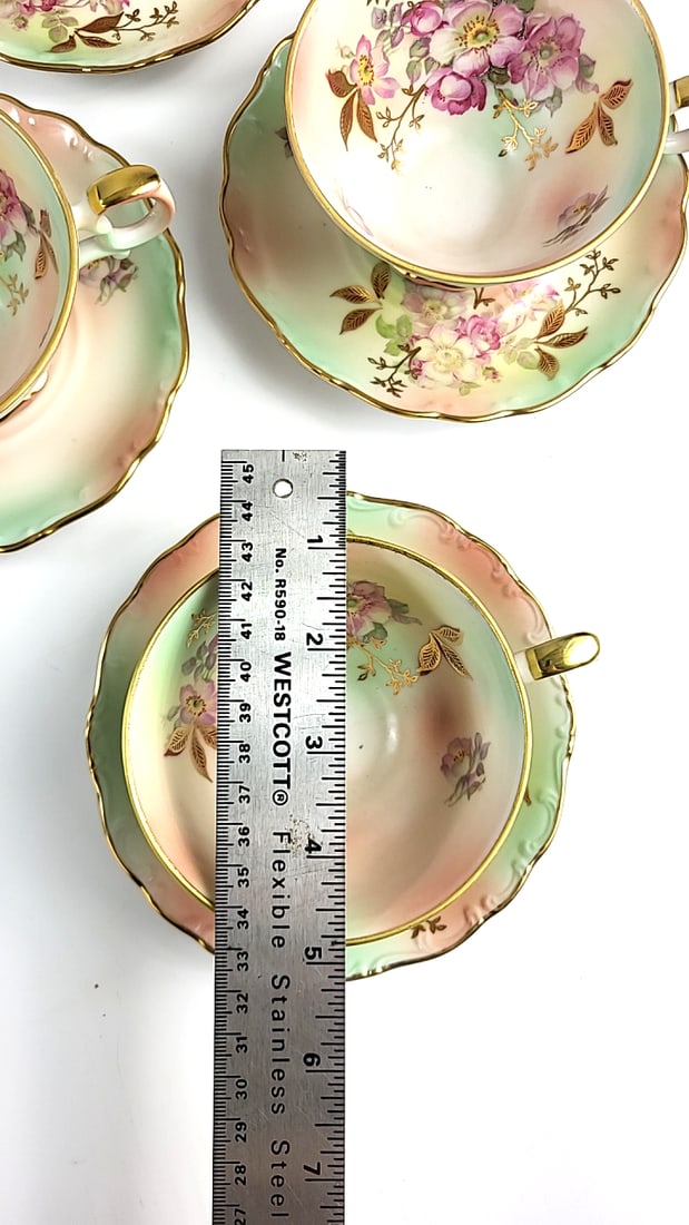 House of Goebel Porcelain Floral Tea Cup Set with Saucers - Pastel Green & Gold Trim - 6 Pieces - 10