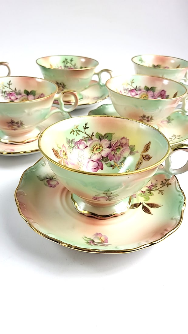 House of Goebel Porcelain Floral Tea Cup Set with Saucers - Pastel Green & Gold Trim - 6 Pieces - 2