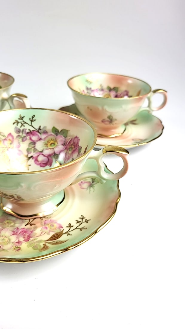 House of Goebel Porcelain Floral Tea Cup Set with Saucers - Pastel Green & Gold Trim - 6 Pieces - 3