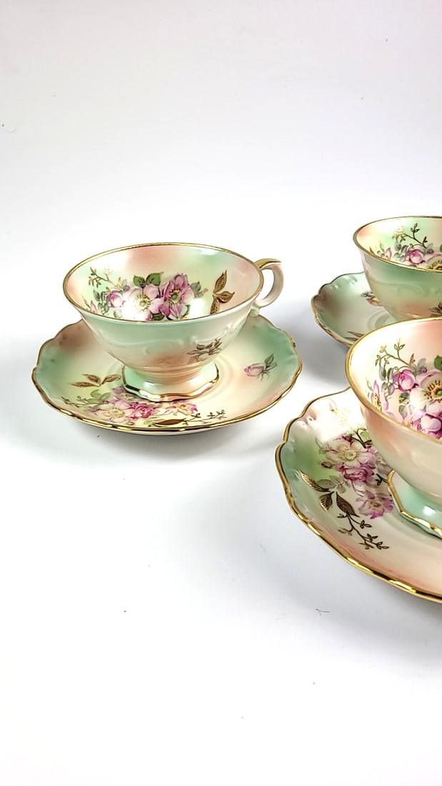 House of Goebel Porcelain Floral Tea Cup Set with Saucers - Pastel Green & Gold Trim - 6 Pieces - 4