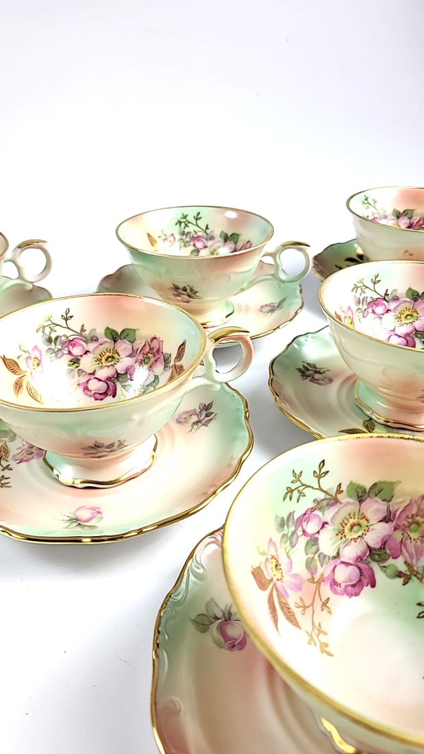 House of Goebel Porcelain Floral Tea Cup Set with Saucers - Pastel Green & Gold Trim - 6 Pieces - 5
