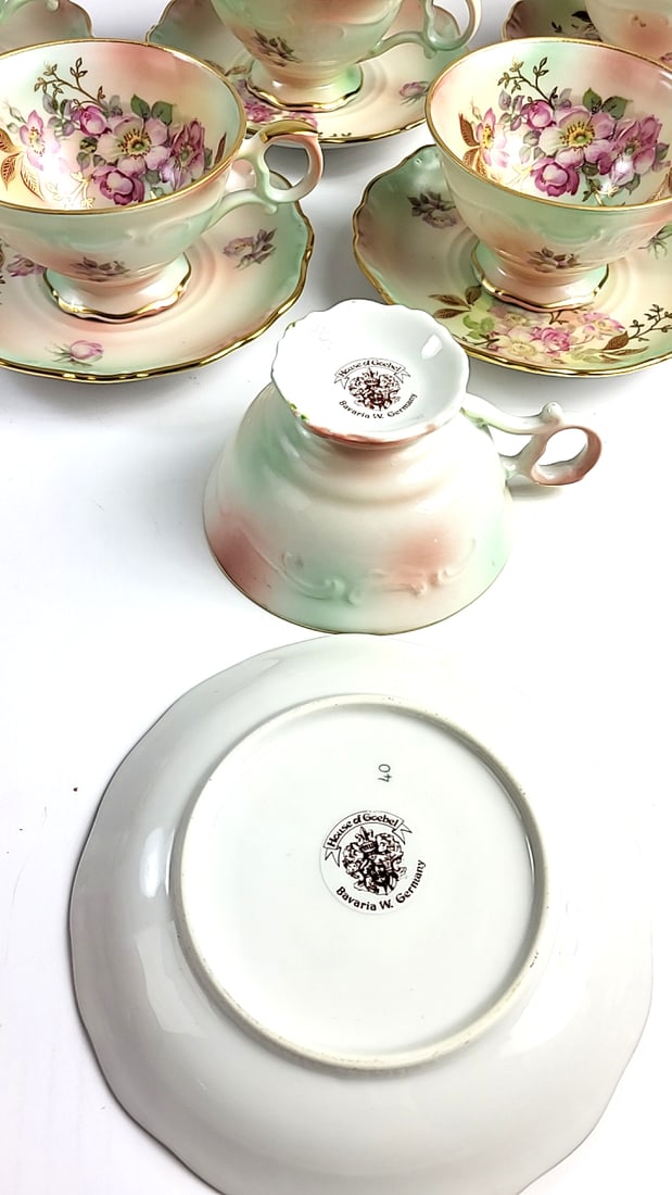 House of Goebel Porcelain Floral Tea Cup Set with Saucers - Pastel Green & Gold Trim - 6 Pieces - 6
