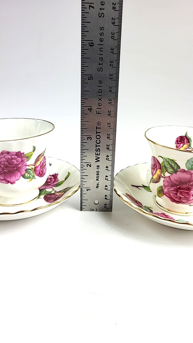 Royal Albert Bone China Tea Cup Set with Saucers, Rose Pattern, Gold Rim, Floral Design - 7