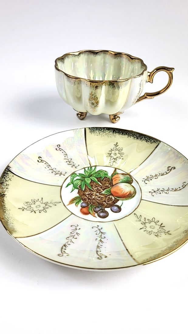 Vintage Japanese Iridescent Tea Cup and Saucer Set Gold Trim Floral Design Elegant Collectible Po... - 2