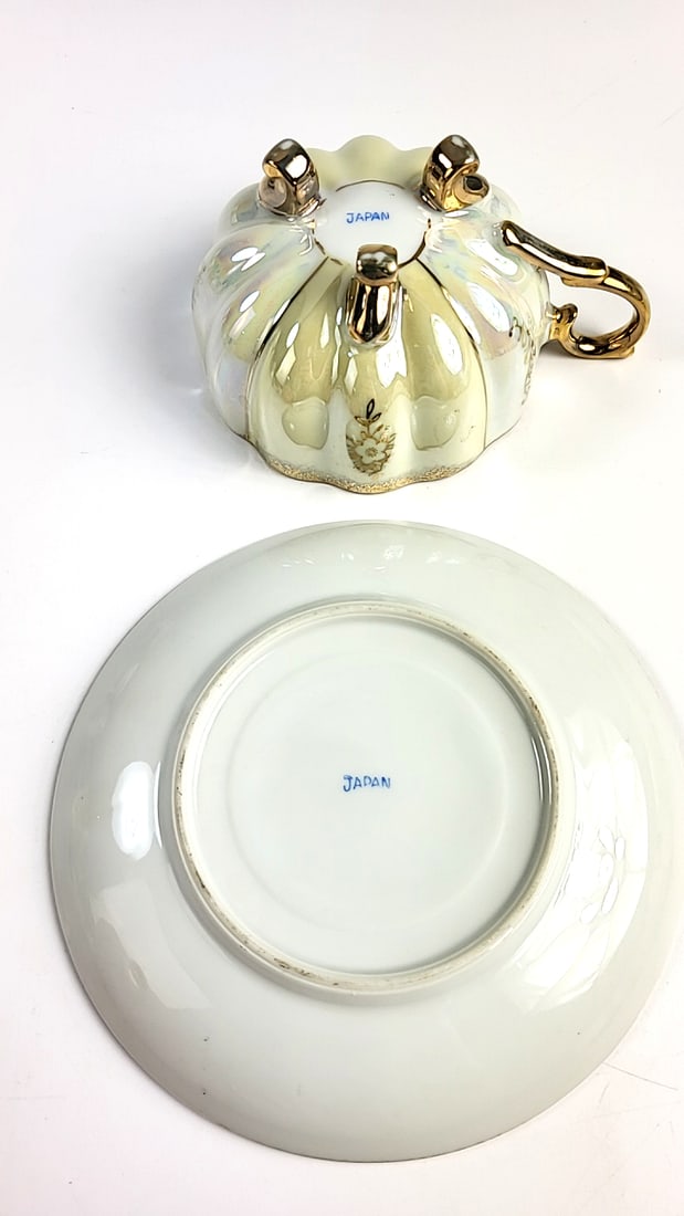 Vintage Japanese Iridescent Tea Cup and Saucer Set Gold Trim Floral Design Elegant Collectible Po... - 3