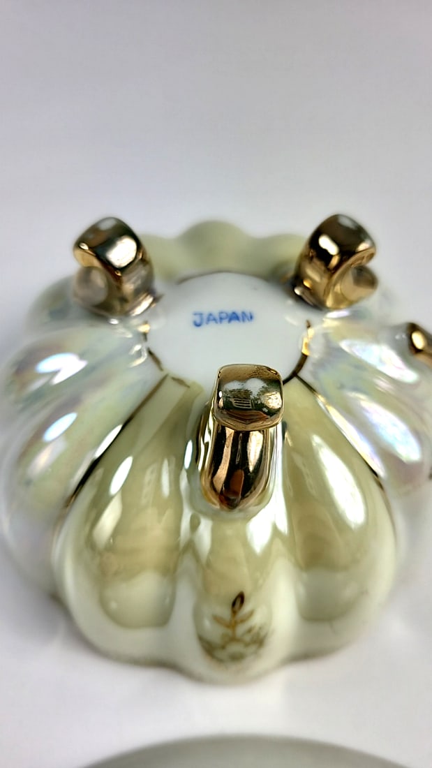 Vintage Japanese Iridescent Tea Cup and Saucer Set Gold Trim Floral Design Elegant Collectible Po... - 4