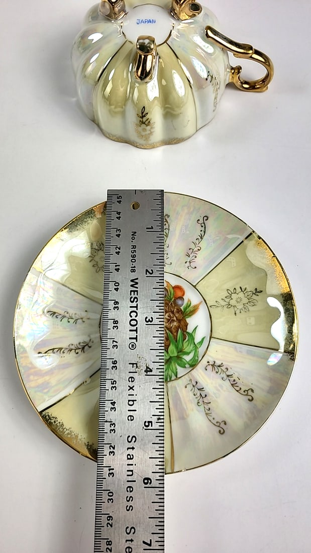 Vintage Japanese Iridescent Tea Cup and Saucer Set Gold Trim Floral Design Elegant Collectible Po... - 5