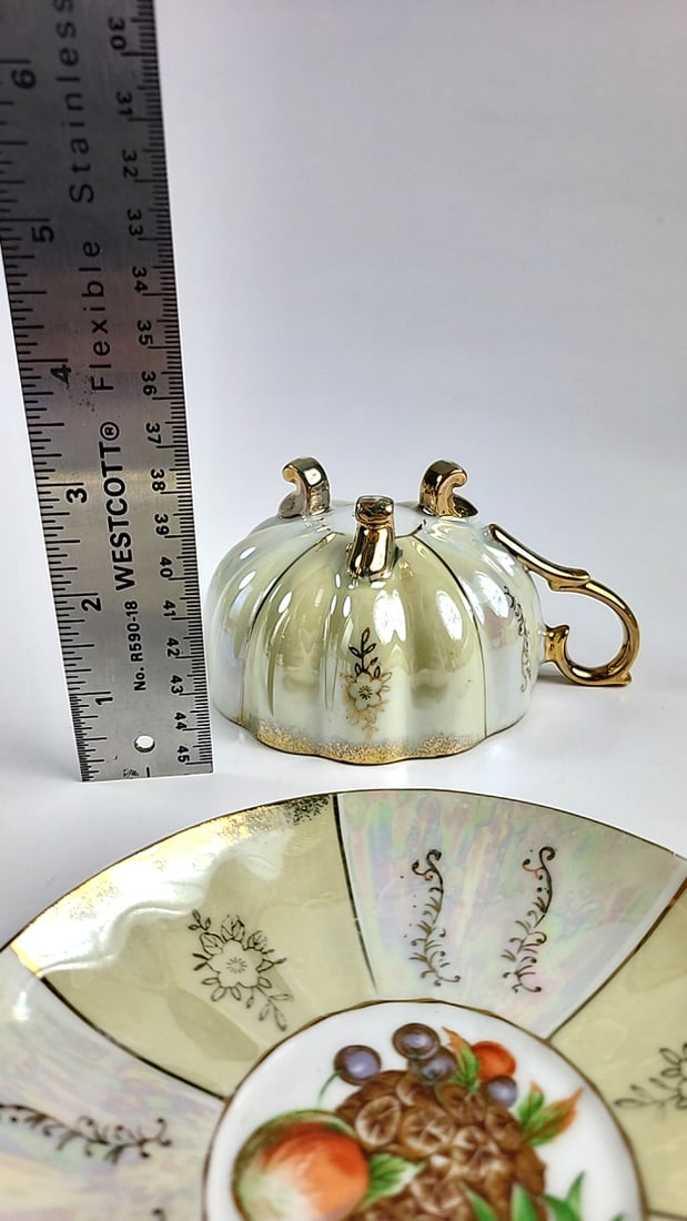 Vintage Japanese Iridescent Tea Cup and Saucer Set Gold Trim Floral Design Elegant Collectible Po... - 6