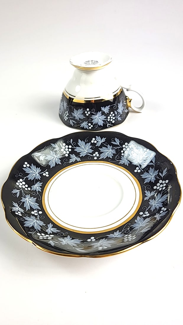 Royal Albert Chateau Series Vintage Teacup and Saucer Set Floral Design Black and Gold Trim - 2