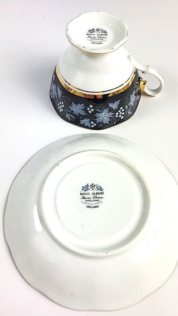 Royal Albert Chateau Series Vintage Teacup and Saucer Set Floral Design Black and Gold Trim - 3