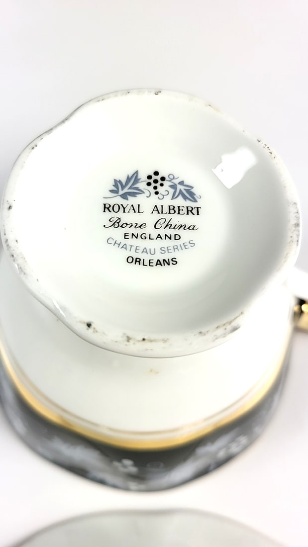 Royal Albert Chateau Series Vintage Teacup and Saucer Set Floral Design Black and Gold Trim - 5