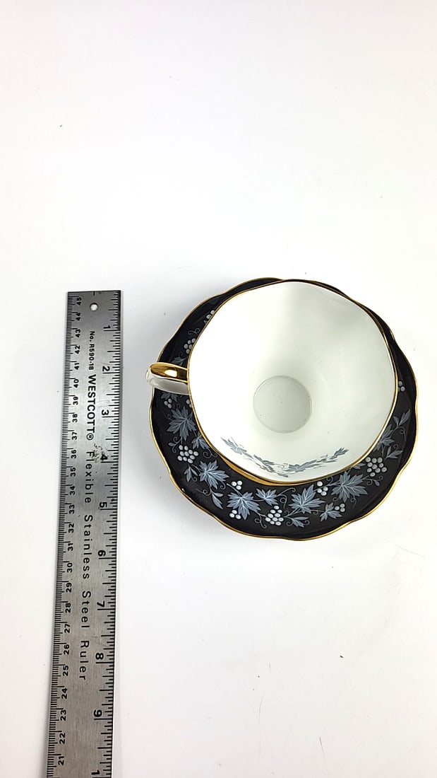 Royal Albert Chateau Series Vintage Teacup and Saucer Set Floral Design Black and Gold Trim - 6