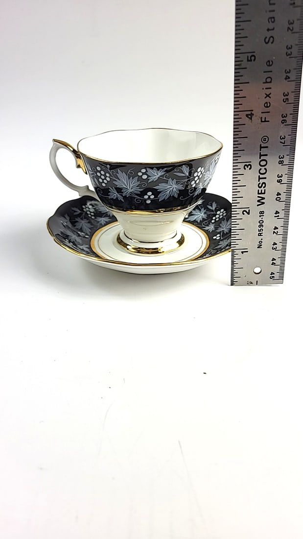 Royal Albert Chateau Series Vintage Teacup and Saucer Set Floral Design Black and Gold Trim - 7