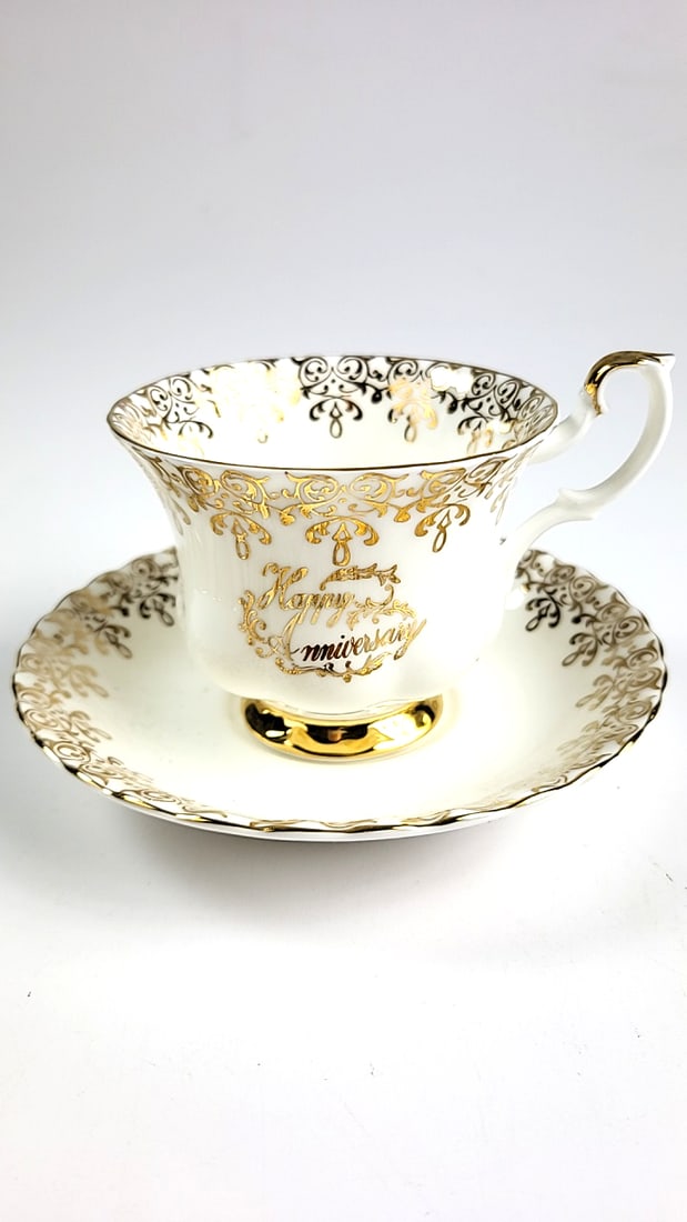 Royal Albert "Happy Anniversary" Teacup & Saucer Gold Trim Decorative Fine China Collectible Gift (1 of 5)