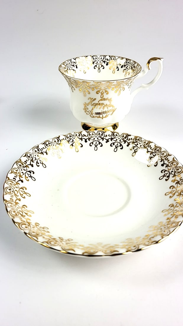 Royal Albert "Happy Anniversary" Teacup & Saucer Gold Trim Decorative Fine China Collectible Gift - 2
