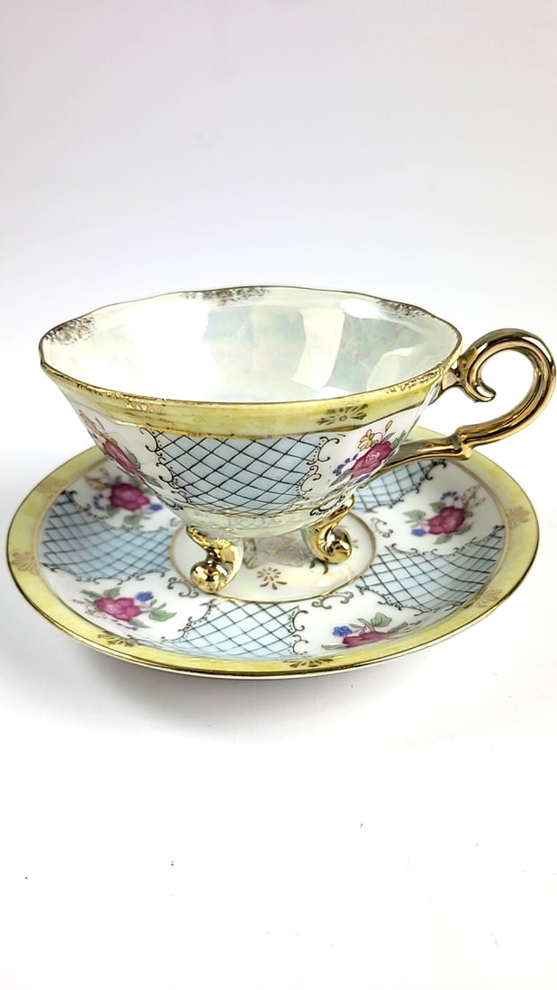 Vintage Floral Gold Trim Teacup and Saucer Set, Porcelain, Blue/Pink Patterns (1 of 6)