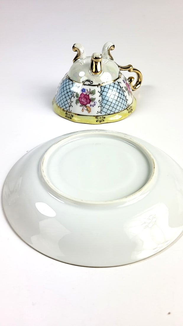 Vintage Floral Gold Trim Teacup and Saucer Set, Porcelain, Blue/Pink Patterns - 2
