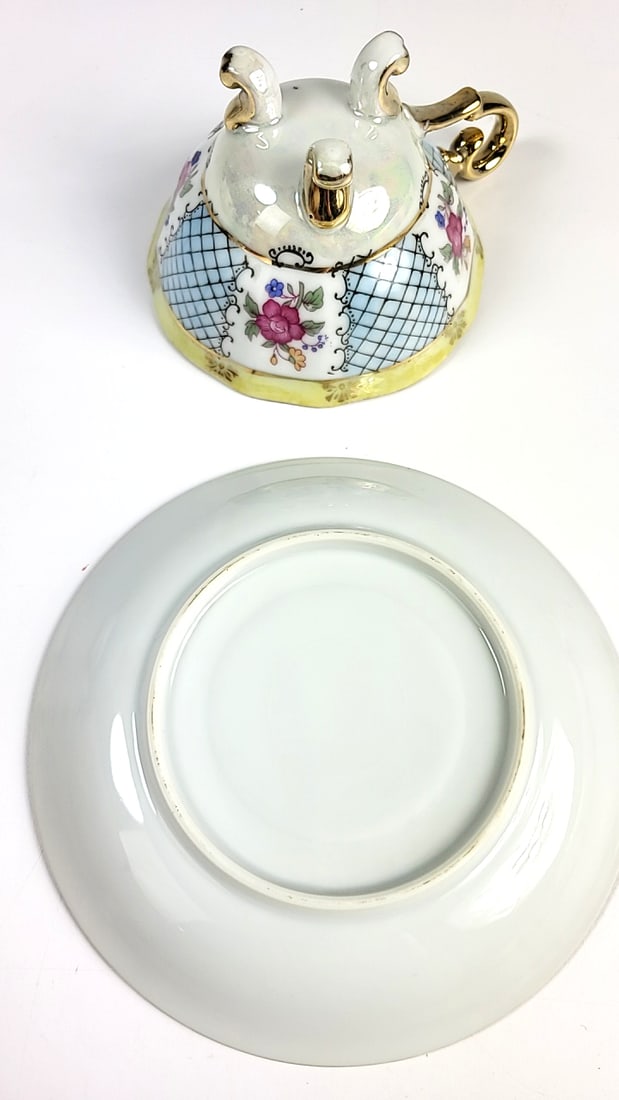 Vintage Floral Gold Trim Teacup and Saucer Set, Porcelain, Blue/Pink Patterns - 3