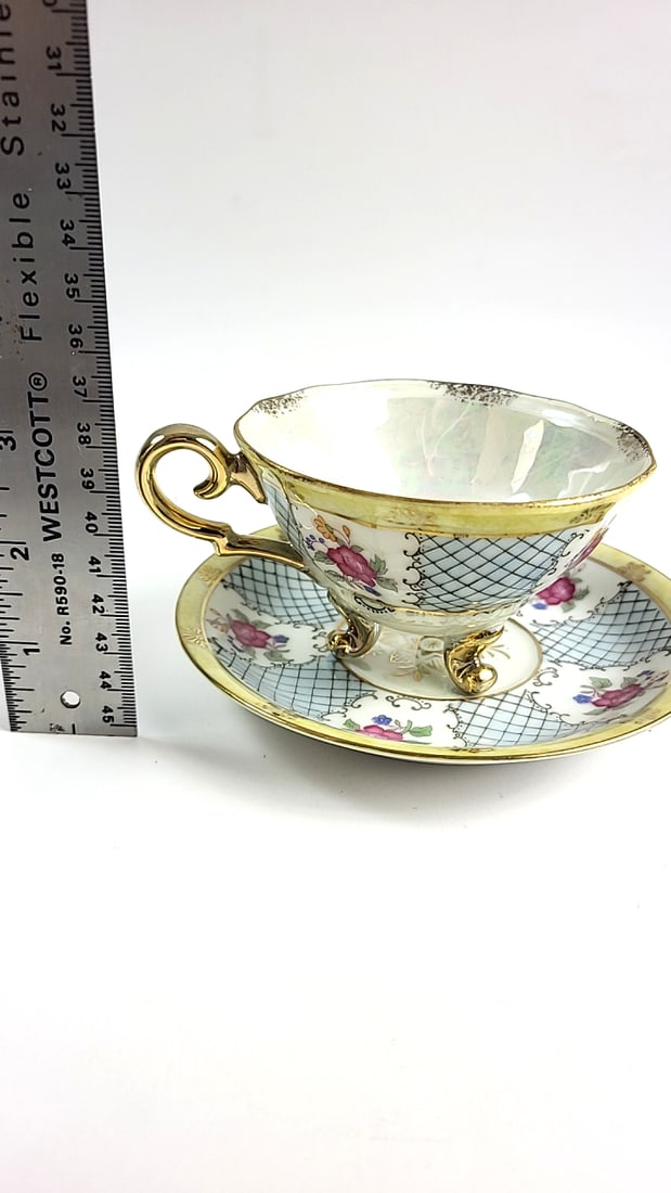 Vintage Floral Gold Trim Teacup and Saucer Set, Porcelain, Blue/Pink Patterns - 5