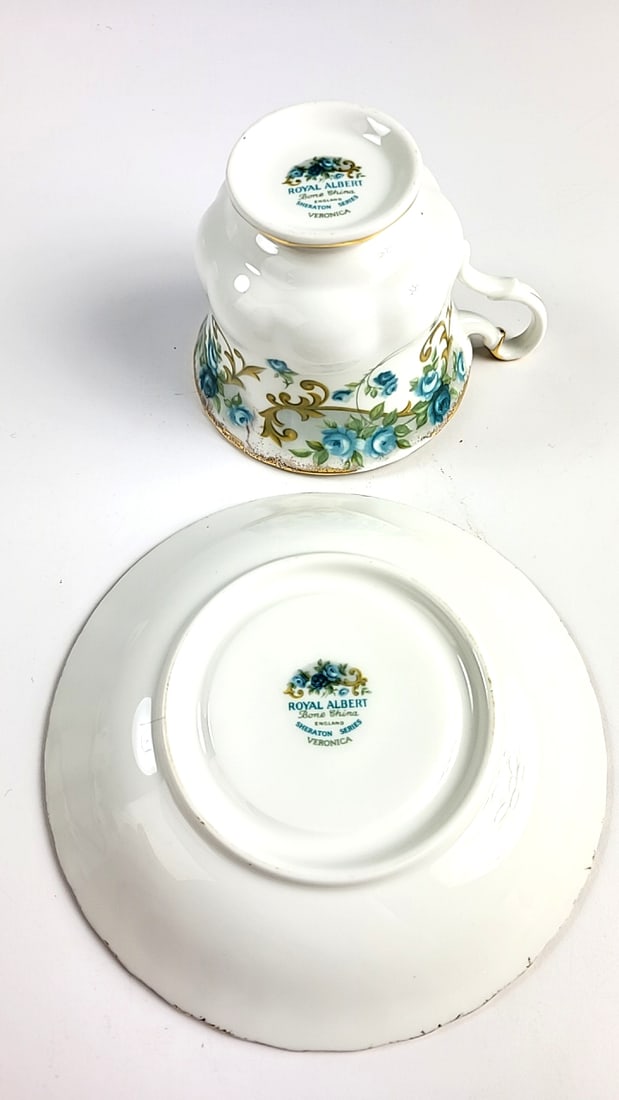 Vintage Royal Albert Sheraton Series "Veronica" Floral Bone China Teacup and Saucer Gold Trim Blu... - 3