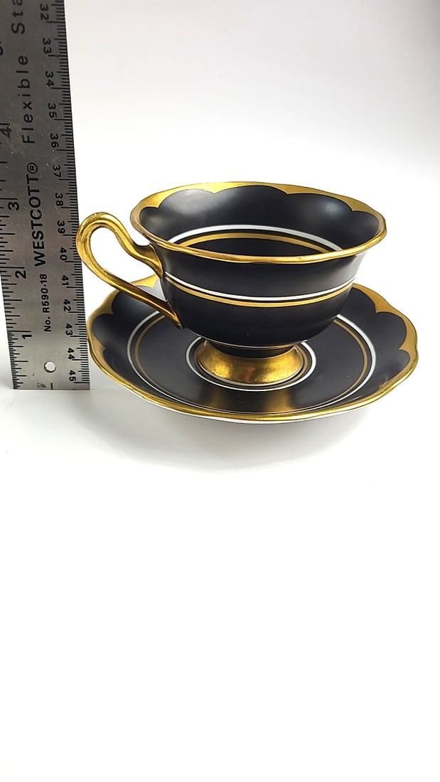 Royal Albert Vintage Black Gold Teacup & Saucer Set with Scalloped Edge Trim, Elegant Design - 6