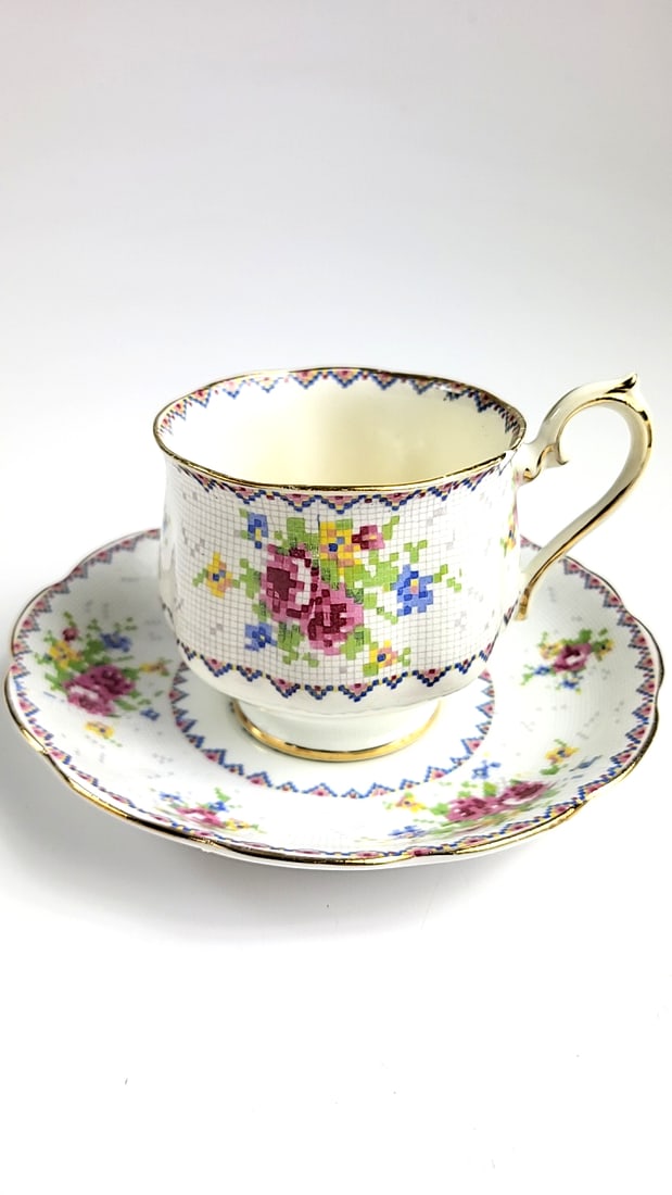 Royal Albert Vintage Cross Stitch Floral Teacup & Saucer Gold Trim White Multicolor Floral Design: This is a general auction of estate goods. All items as as pictured. Local pick up will be on 3/14 at our warehouse in Sodo (3429 Airport Way S) from 10am-1pm. Items not picked up will be subjec