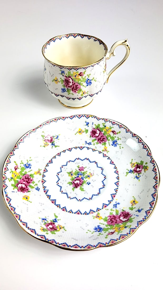 Royal Albert Vintage Cross Stitch Floral Teacup & Saucer Gold Trim White Multicolor Floral Design - 2