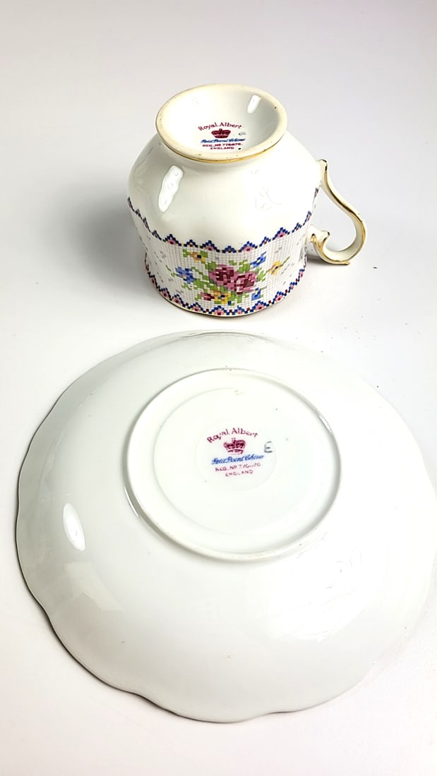 Royal Albert Vintage Cross Stitch Floral Teacup & Saucer Gold Trim White Multicolor Floral Design - 3