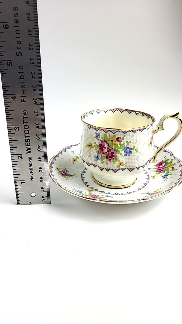 Royal Albert Vintage Cross Stitch Floral Teacup & Saucer Gold Trim White Multicolor Floral Design - 6