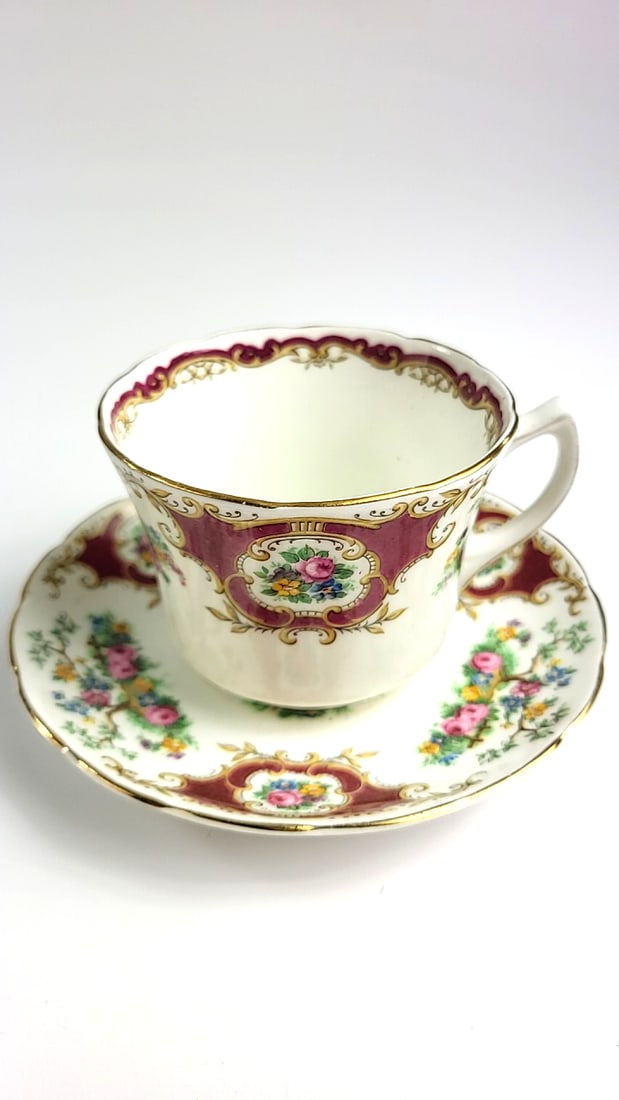 Foley Bone China "Broadway" Vintage Floral Fine China Tea Cup & Saucer Set - Ornate Design, Maroo... (1 of 5)