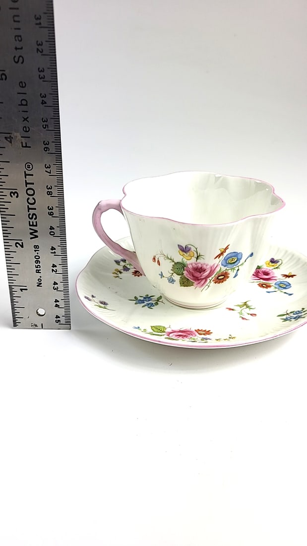 Shelley Fine Bone China Vintage Floral Tea Cup & Saucer Set Pastel Pink Flowers Scalloped Edge Ch... - 5