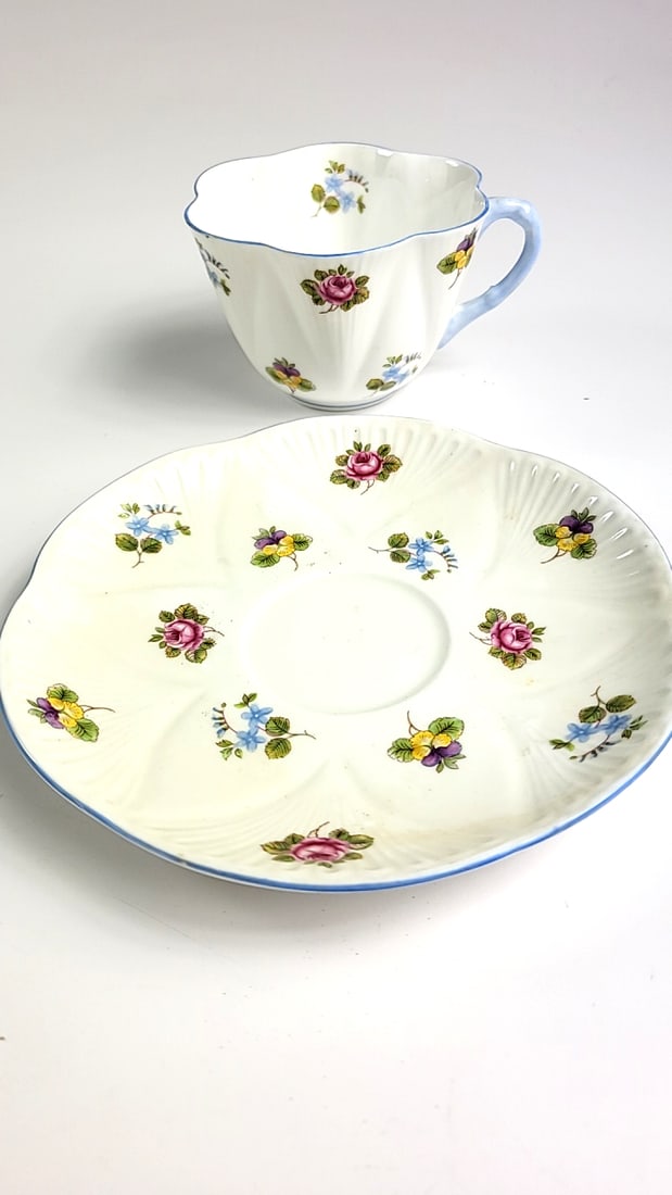 Shelley Floral Fine Bone China Teacup and Saucer Set with Blue Trim, Vintage Style, Rose Motif (1 of 3)