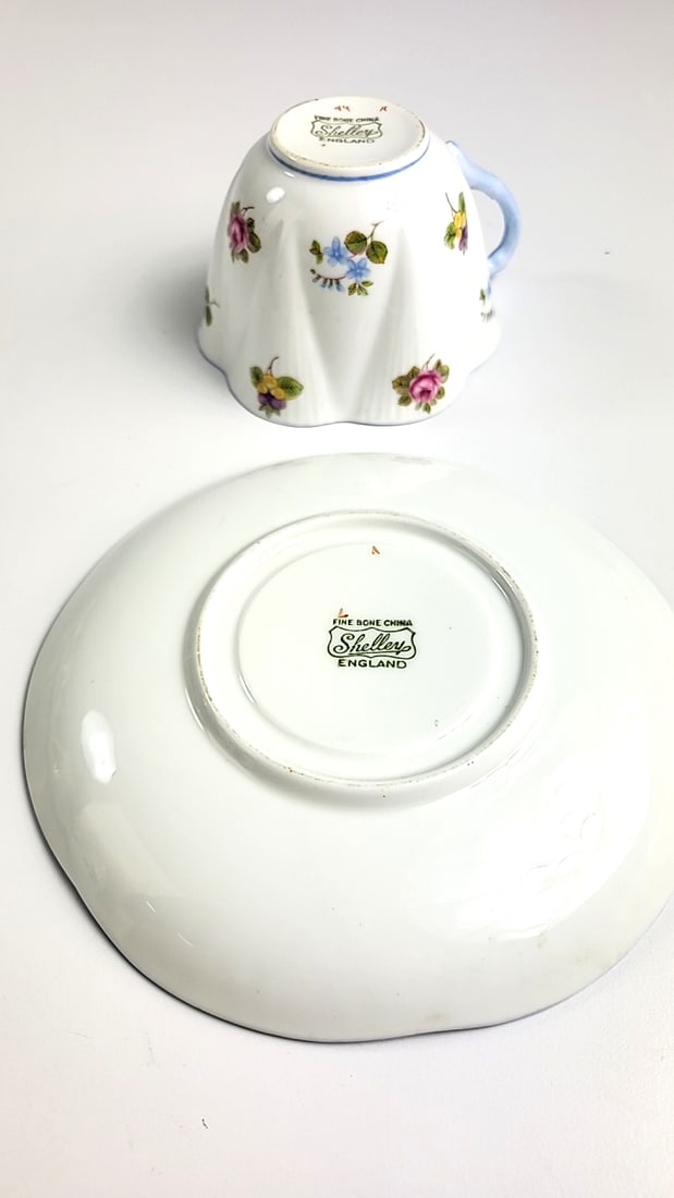 Shelley Floral Fine Bone China Teacup and Saucer Set with Blue Trim, Vintage Style, Rose Motif - 2