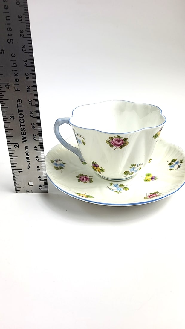 Shelley Floral Fine Bone China Teacup and Saucer Set with Blue Trim, Vintage Style, Rose Motif - 3