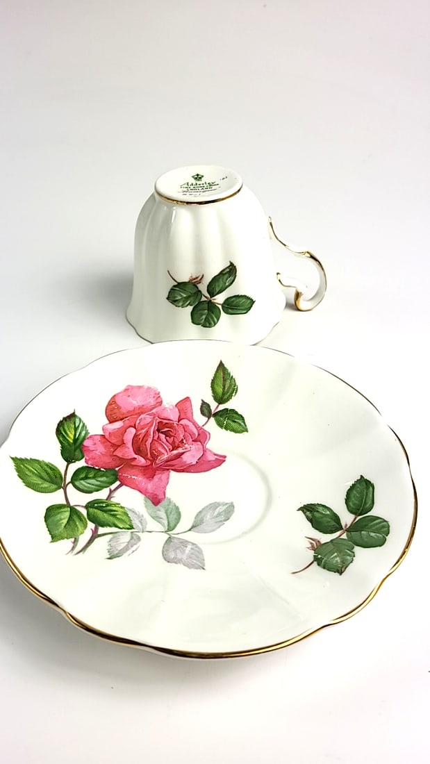 Vintage Adderley Fine Bone China Floral Teacup & Saucer Gold Trim Pink Rose Design Tea Cup Set - 2