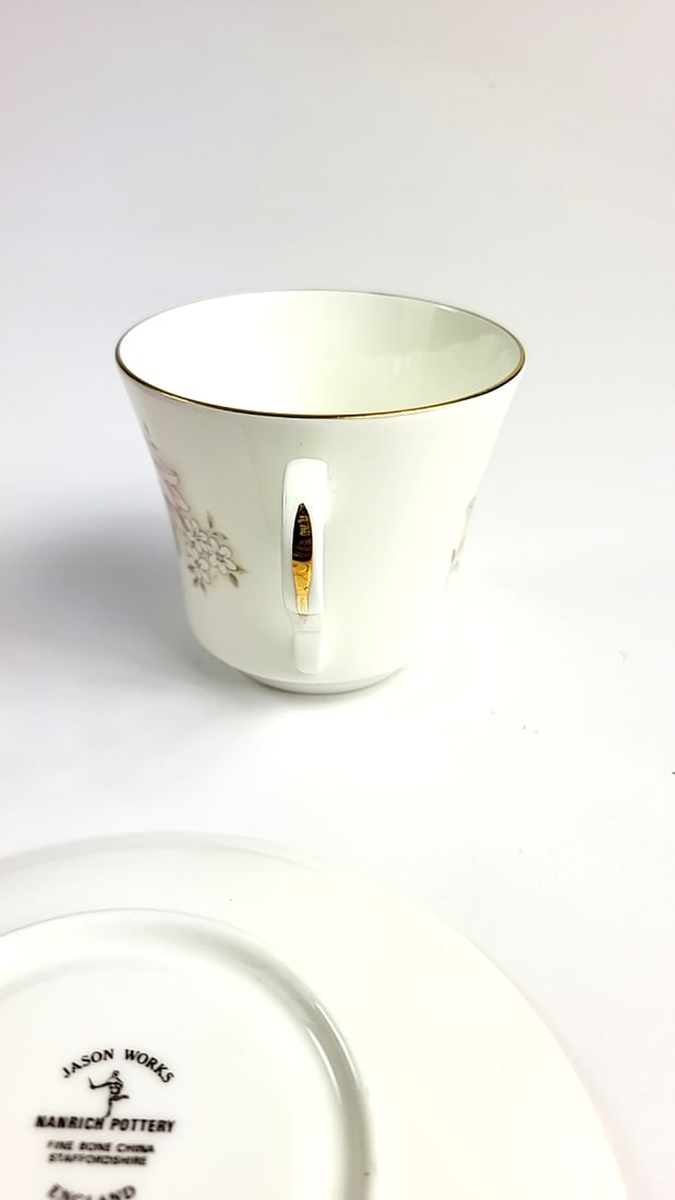 Jason Works Nanrich Pottery Fine Bone China Porcelain Tea Cup & Saucer Set Floral Pink Gold Trim ... - 4