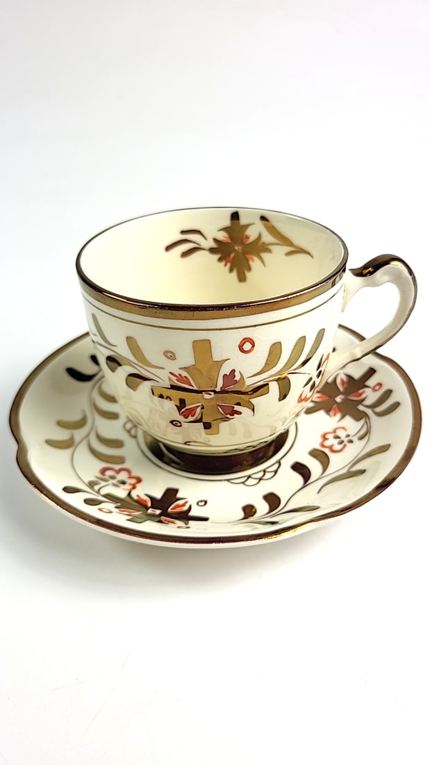 Grays Pottery Vintage Floral Teacup and Saucer Set, Gold Trim, Cream & Brown Cross Design (1 of 6)