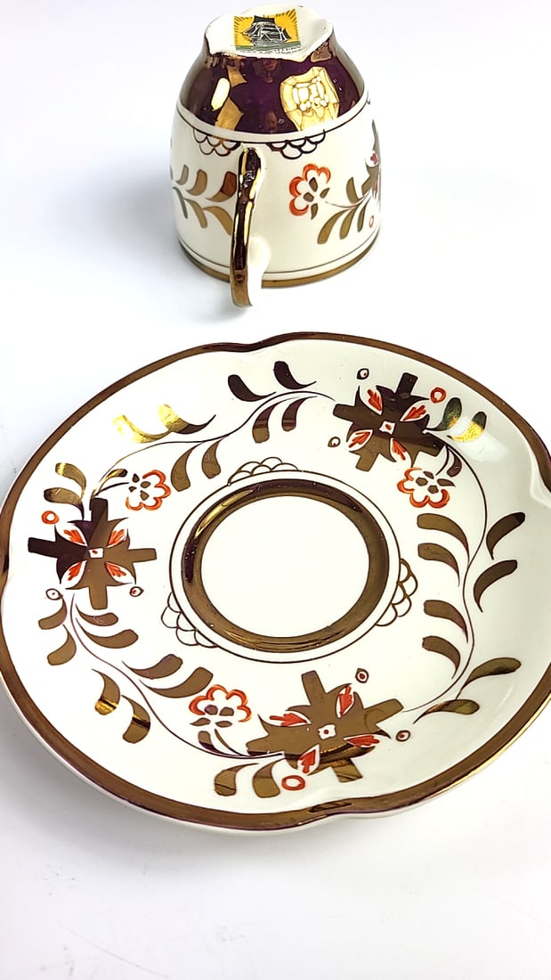 Grays Pottery Vintage Floral Teacup and Saucer Set, Gold Trim, Cream & Brown Cross Design - 5