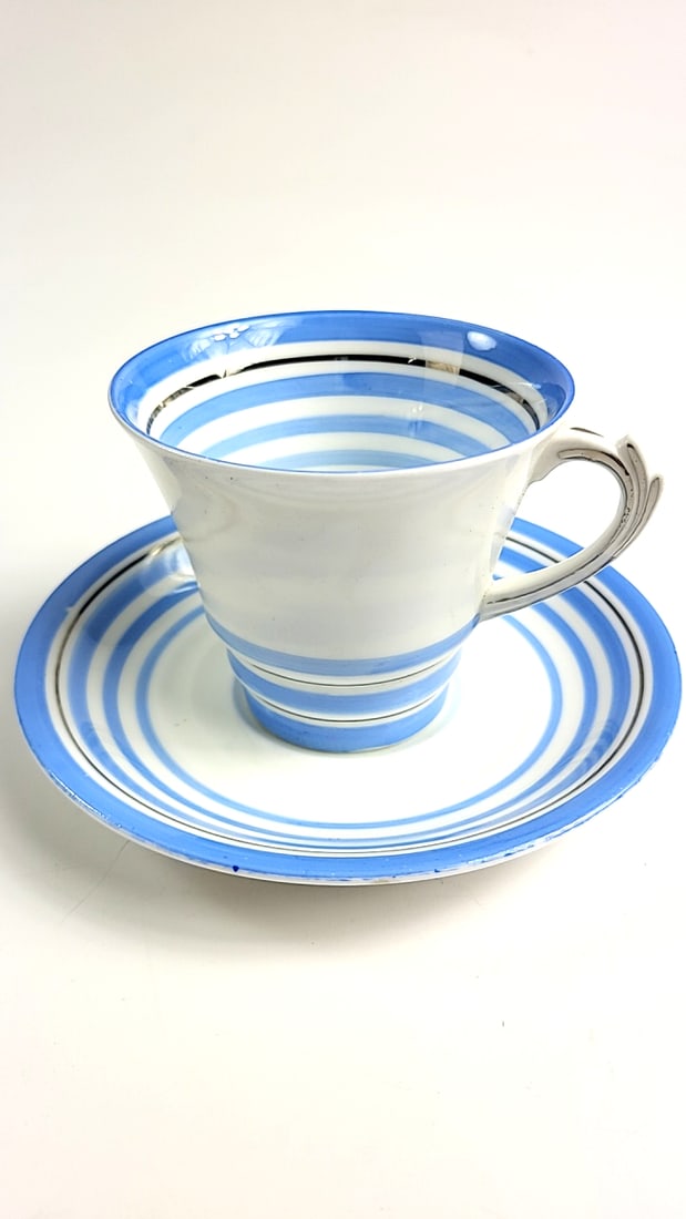 Roslyn Fine Bone China Vintage Blue & White Striped Teacup & Saucer Set - Retro Ceramic Drinkware...