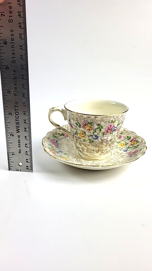 James Kent LTD. "Trellis Rose" Floral Vintage Tea Cup and Saucer Gold Trim Flower Design - 5