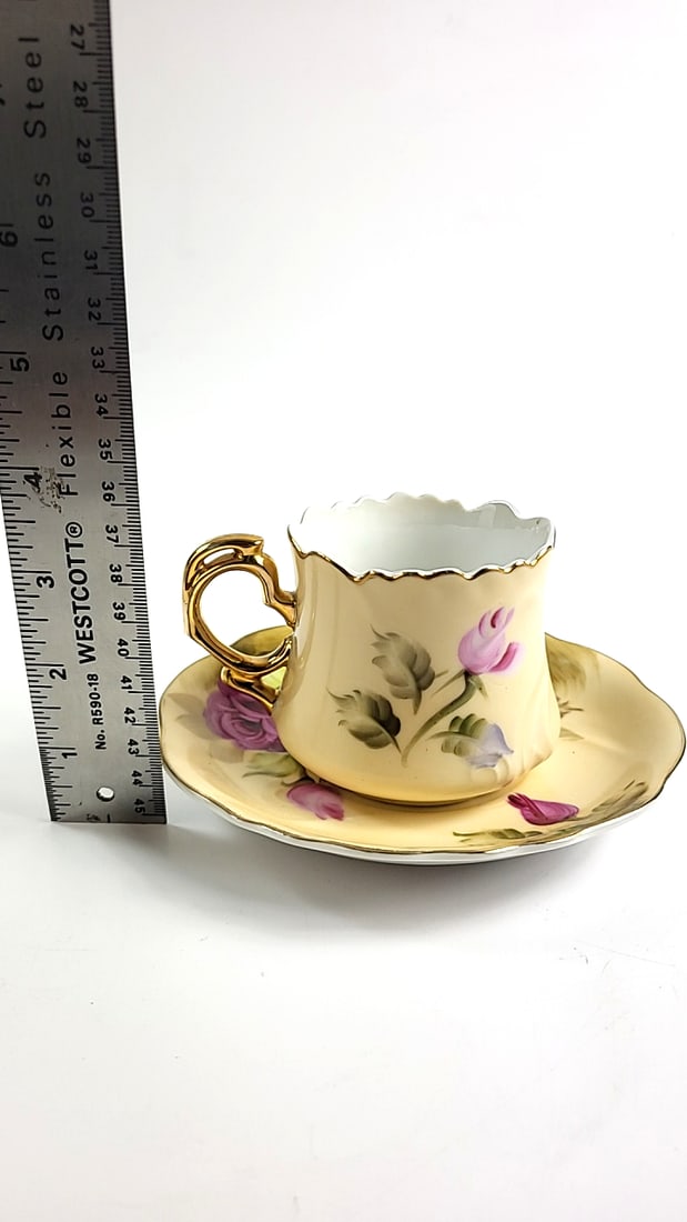 Vintage Lefton Hand Painted Floral Porcelain Tea Cup Saucer Set with Gold Trim Roses Design - 5