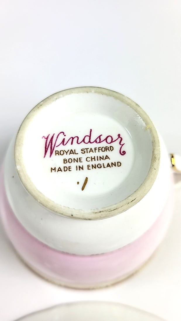 Vintage Windsor Royal Stafford Bone China Floral Porcelain Teacup and Saucer Set Pink Gold Trim F... - 4