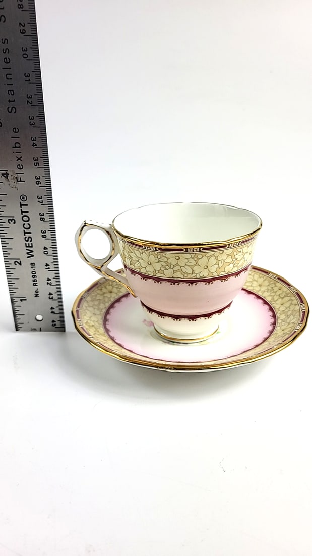 Vintage Windsor Royal Stafford Bone China Floral Porcelain Teacup and Saucer Set Pink Gold Trim F... - 5