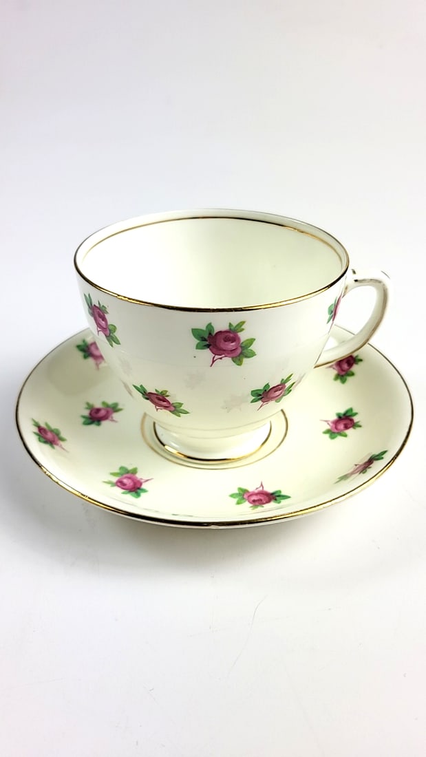 Vintage Sampson Smith Old Royal Bone China Floral Teacup and Saucer Set - Pink Roses, Gold Trim