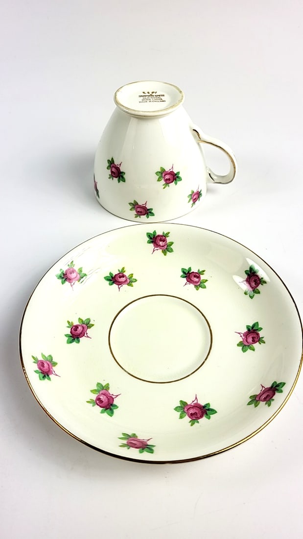 Vintage Sampson Smith Old Royal Bone China Floral Teacup and Saucer Set - Pink Roses, Gold Trim - 2