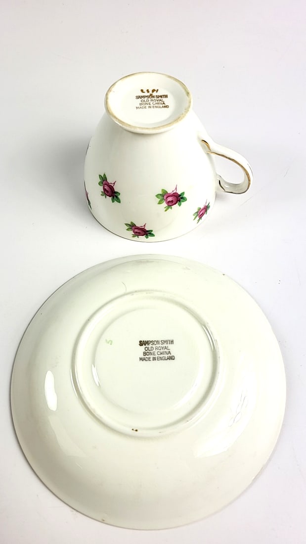 Vintage Sampson Smith Old Royal Bone China Floral Teacup and Saucer Set - Pink Roses, Gold Trim - 3